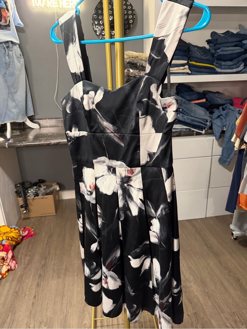 White House Black Market Black Floral Midi Fit-and-Flare Dress